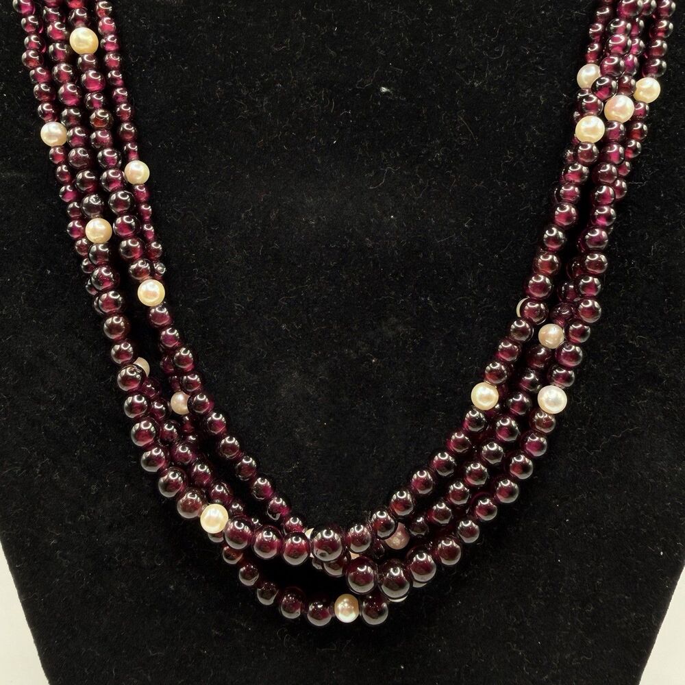 Vintage Garnet & Pearl Double Strand Necklace 19” Beaded